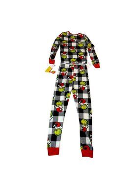 The Grinch Kids Christmas Pajama Set Size 6 Black & White Plaid With Red Cuffs